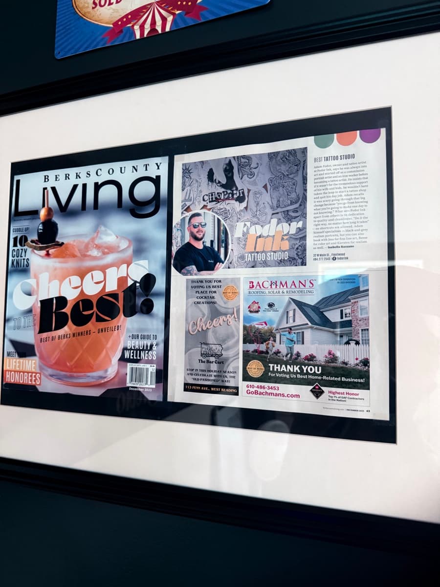 Framed Berks County Living Best of Berks feature on Fodor Ink Tattoo Studio