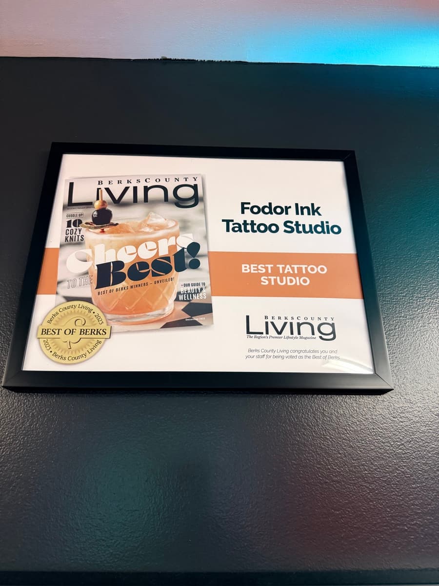 Best of Berks certificate naming Fodor Ink Best Tattoo Studio in Berks County